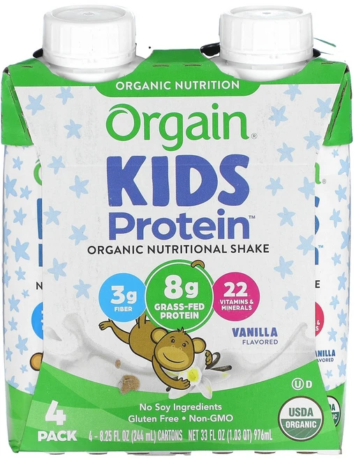 Orgain 어린이용 단백질 유기농 뉴트리셔널 셰이크 바닐라 맛 4팩 각 244ml(8.25fl oz) Orgain (올게인), OGA00309, 4개, 244ml - 쿠팡
