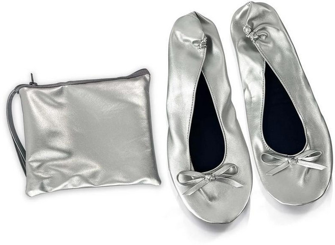 신발 후 접이식 발레 플랫 휴대용 여행 댄스 파티 발레리나 신부 웨딩 롤업, A. L(40-41), 2. Silver, 1개