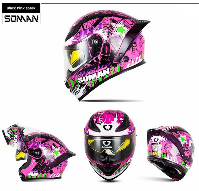 SOMAN F2 全罩安全帽 炫光雙鏡片, 黑粉火星,s(53-54)cm