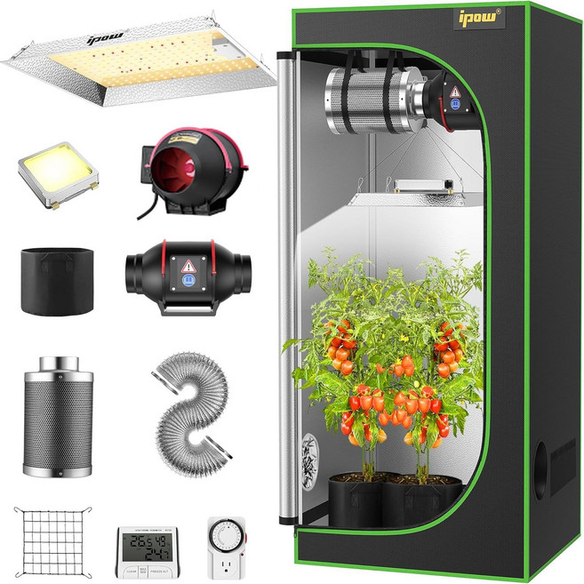 IPOW 그로우 텐트 키트 VS1000 LED 라이트 4인치 190CFM 인라인 팬 카본 필터 및 8피트 덕트 콤보 24인치 x 55인치 시스템 완성, 24"x24"x55"