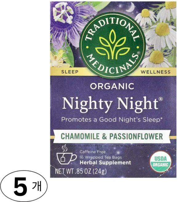 Traditional Medicinals 유기농 나이티 나이트 엑스트라 카모마일 & 시계꽃 카페인 무함유 디카페인 16티백, 5개, 16개입 - 쿠팡
