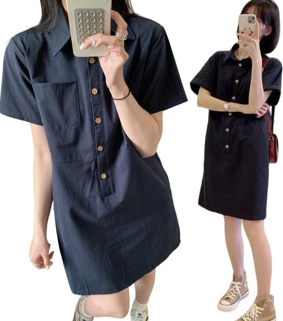 Yumico 여성 바스락 카라넥 루즈핏 셔츠 원피스 데일리 출근룩 면원피스 체형커버 포켓 미디원피스 봄 여름 시원한 면 원피스