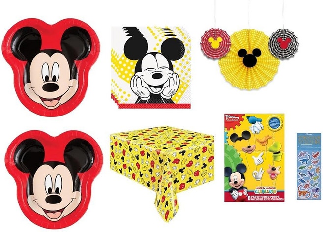[5] 디즈니 미키 마우스 생일 파티 용품 번들에는 22.9cm(9인치) 모양의 접시 16개 냅킨 16개 테이블 커버 1개 사진 소품 8개 걸이용 팬 3개가 포함되어 있, [5] 디즈니 미키 마우스 생일 파티 용품 번들에는 2