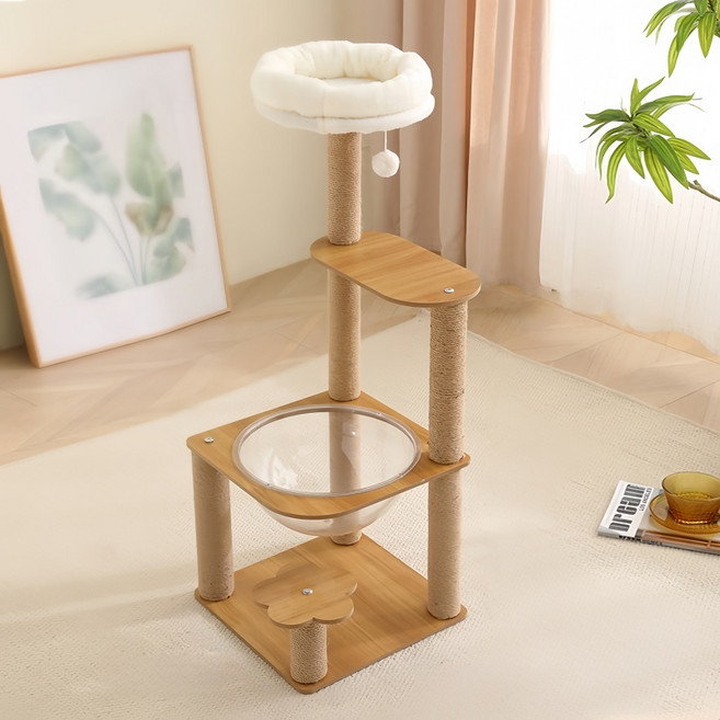 TaiStar 다묘용 고양이 타워튼튼 스크래치 포스트우주캡슐 놀이 공간T856-012, 1개, 우드색