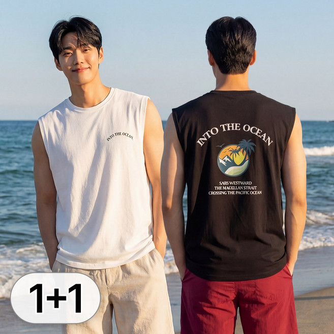 루크 2개 세트 남성 여름 오버핏 야자수 프린팅 민소매 나시 남자 데일리 레이어드 나시티 헬스 런닝 빅사이즈 면티 티쳐츠