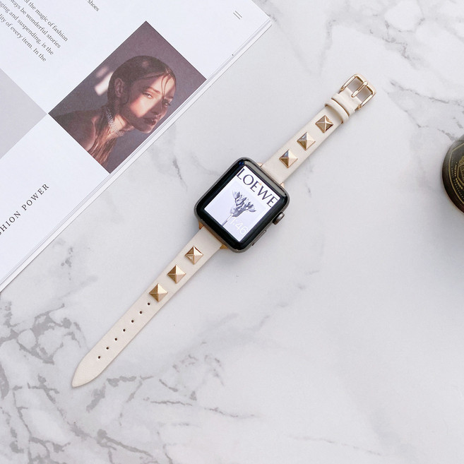 포유 애플워치 스터드 레더 가죽 스트랩 줄질 밴드, 애플워치 스터드 레더 스트랩, 42/44/45/49mm 공용, 아이보리