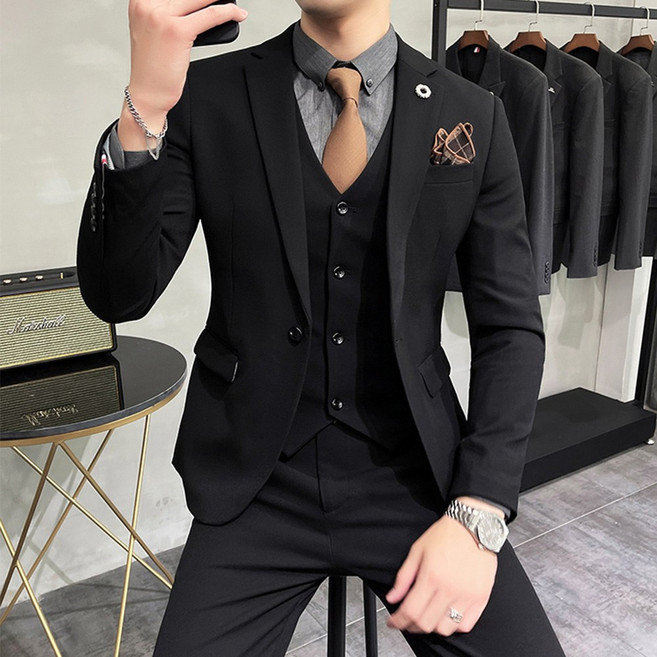 수트 정장세트 남성 정장 남자 세미 캐주얼 셋업 수트 하객룩 면접 결혼식 3랙 3피스코트+조끼+바지 양복
