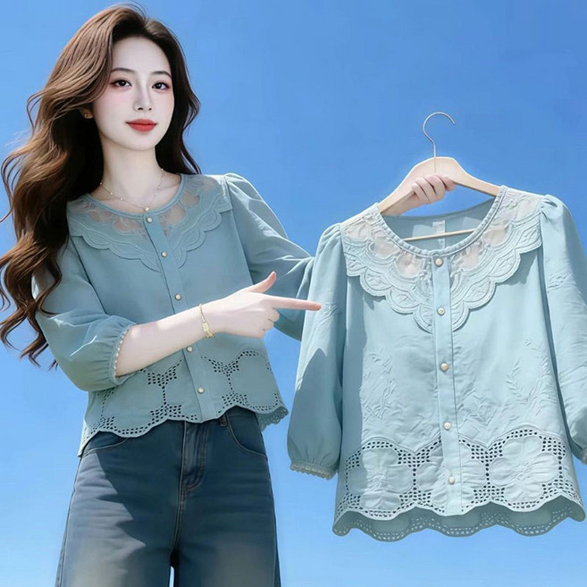 Neirny 여성 빅사이즈 7부소매 티셔츠 여름 냉장고 프렌치 레이스 칠부 블라우스 시크 데일리 기질 솔리드 베이직 패션 루즈핏 아우터 상의