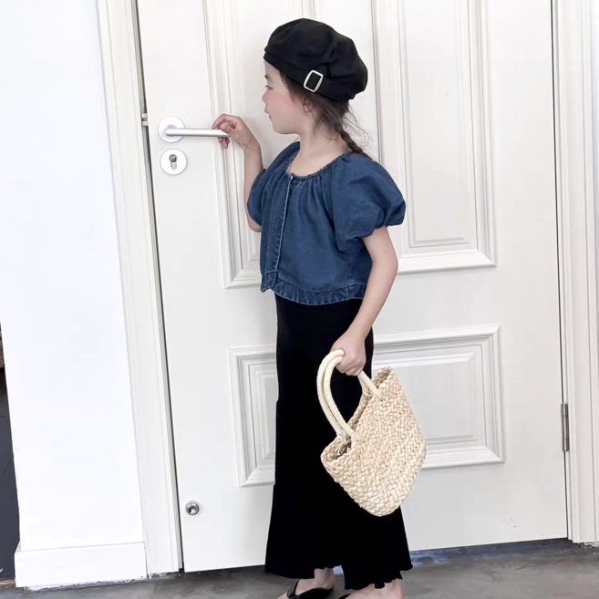 해피팡팡 - 키즈 여아용 여름신상 여아상하복 볼륨티 + 나팔바지 세트 휴가룩 자매룩 등원룩 [쥬디데님볼륨티나팔바지셋 - 2종셋]