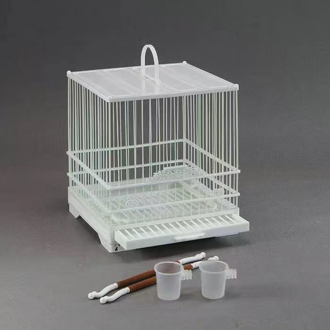 抽屜式塑鋼鳥籠 附配件 綠色, 1個, 裸籠  送跳槓 碗 果叉 ,黑條白框