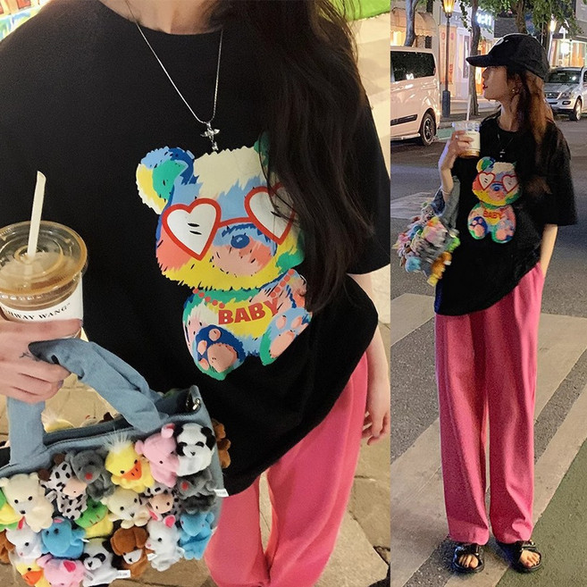 이노뱅크 INO595A 남녀공용 러블리 컬러 베어 프린팅 오버핏 반팔티셔츠