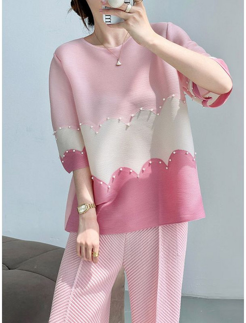 프린플리츠 가격추가인하 메리안 진주 7부 플리츠 블라우스