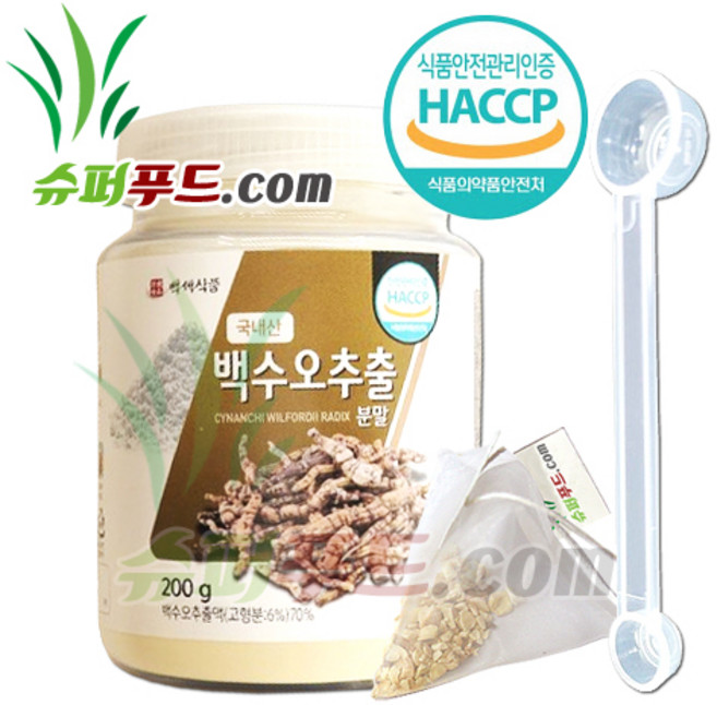 HACCP 식약처 인증 국산 백수오 백수오추출분말가루 국내산백수오 레시틴 에모닌 가가미닌 감마리놀렌산 백수오추출분말 + 슈퍼푸드.com 연자육 티백, ( 병 200g + 1g ), 1세트, 200g