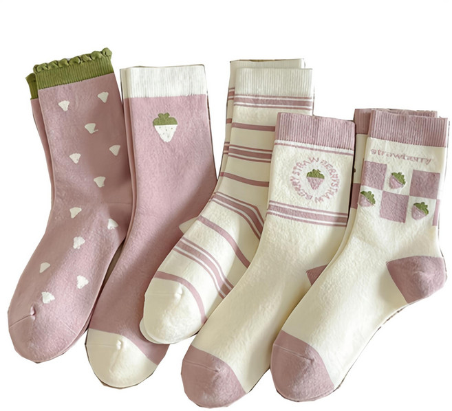 Wenyao 가을 겨울 스위트 딸기 웜 중목 울 핑크 시리즈 여성양말세트 5개입