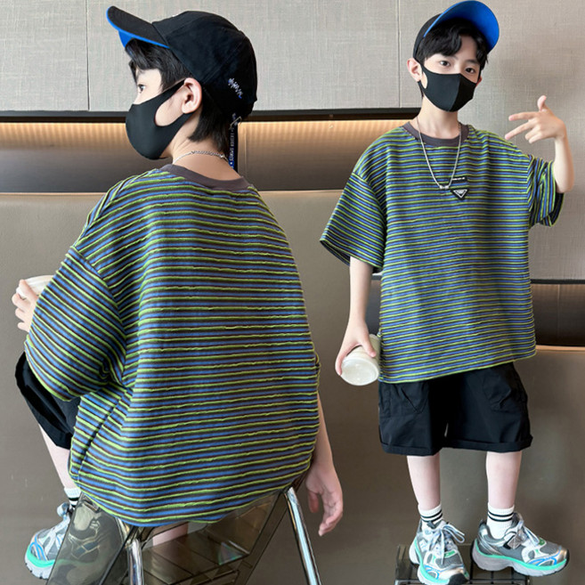비비키드 주니어 상의 하의 세트 남아 여름 세트 초중생 스트라이프 삼각패치 포인트 반팔티 반바지 초등생 상하세트 (2410)