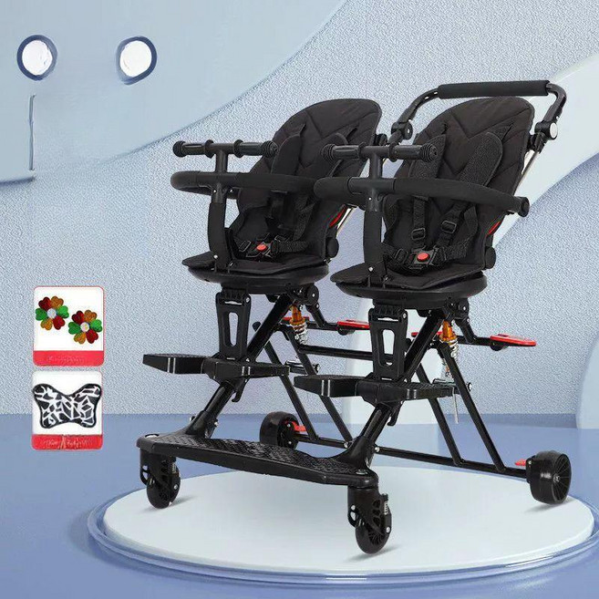 쌍둥이 트라이크 2인 휴대용 유모카 폴딩 접이식 검정/일반휠/네이키드, 블랙+캐노피없음+가방없음+원터치표준바퀴맨몸