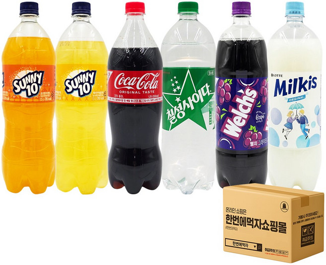 [한번에먹자] 탄산음료 6종 1.5L 총6페트 / 써니텐 오렌지 + 써니텐 파인애플 + 코카콜라 업소용 + 칠성사이다 업소용 + 웰치스 포도 + 밀키스