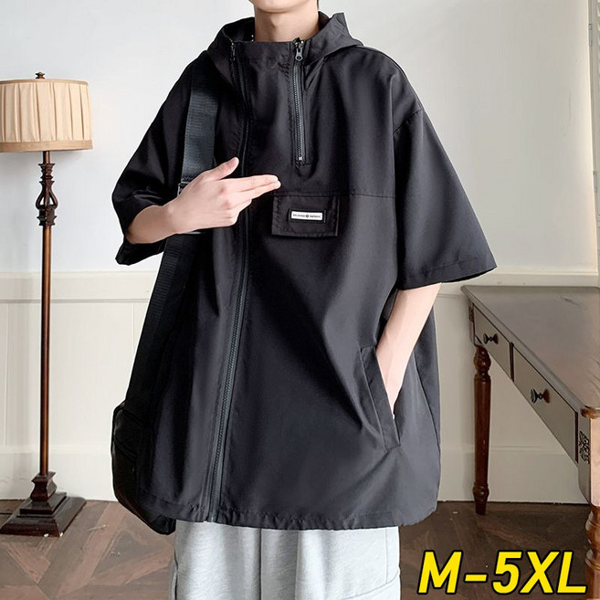WEIHAN 빅사이즈 남성 캐주얼 반집업 후드 반팔 티셔츠 아노락 경량 바람막이 루즈핏 데일리룩