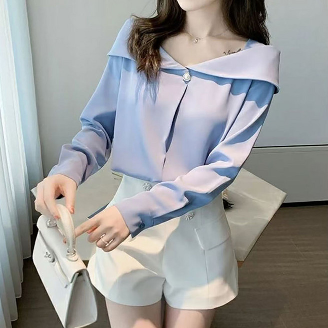 VVRR 여성용 봄 가을 오프숄더 긴팔 블라우스 A0112320