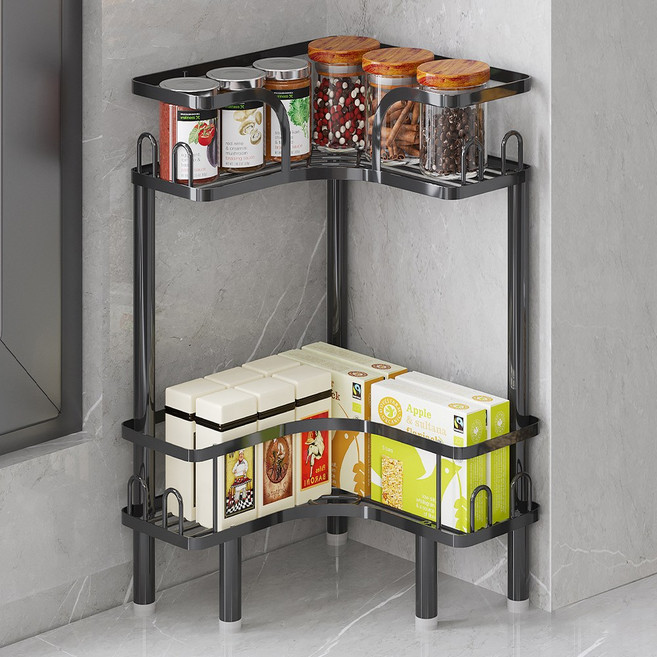 워촹스 양념통 정리함 주방/욕실 정리 코너선반 2단/3단 철제, 블랙, 1개