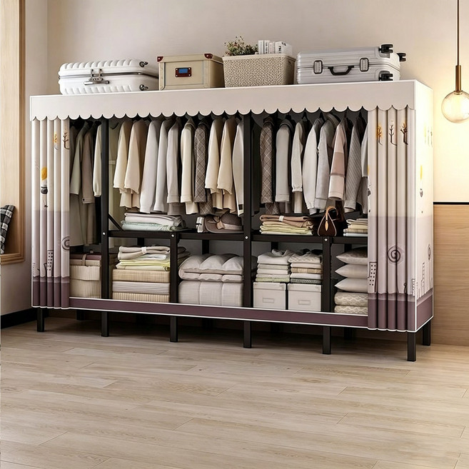 免組裝摺疊衣櫥櫃 全鋼架加粗耐重 防塵布罩設計 頂部置物深度48cm, 200cm少女心長+含布罩+送2個吊衣架,組裝-一體摺叠衣櫃