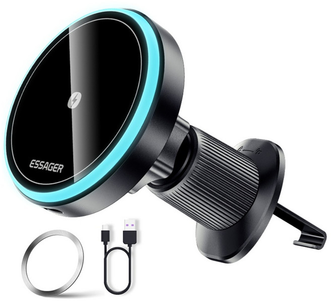 Essager 마그네틱 차량용 충전기 LED 라이트 맥세이프 15w 고속 무선충전+송풍구형 거치대, 송풍구형