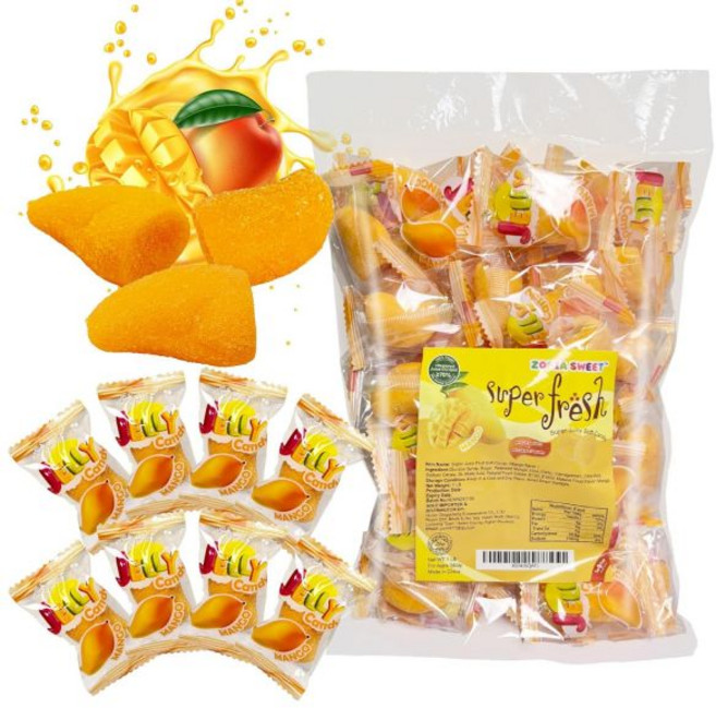 과일 후루츠 ZOFIA SWEET 건강한 망고 맛 젤리 과자 간식 비건 70% 과즙 함유로 매우 즙이 많은 부드럽고 쫄깃한 개별 포장 친화적 1파운드 대용량 묶음, 주시 망고 젤리, 1