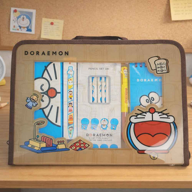 도라에몽 투명 캐리어 문구세트 초등 학생 졸업 입학 선물 준비물 학용품, 1개, 브라운