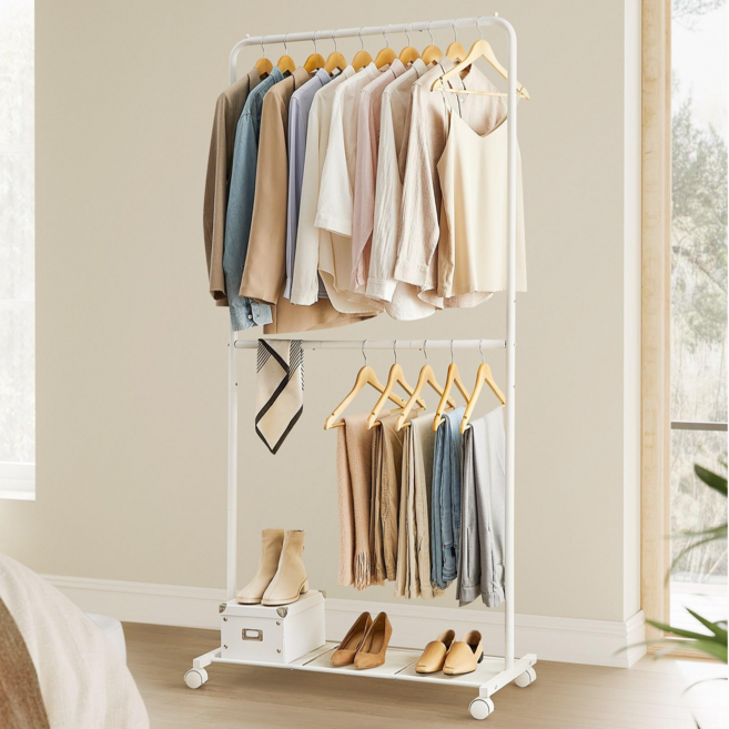 SONGMICS 튼튼한 다기능 수납 스탠드 이동식 철제 행거, 화이트