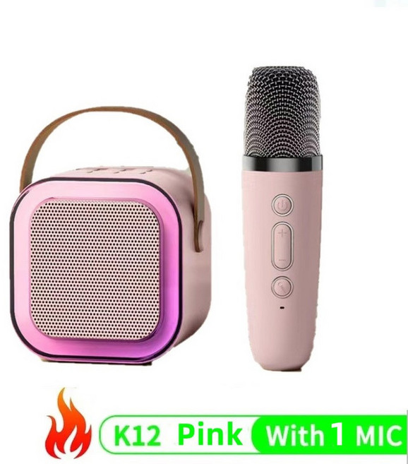 K12 무선 마이크 가라오케 기계 블루투스 스피커 KTV HIFI 스테레오 사운드 RGB 다채로운 LED 조명 야외 홈 파티, Pink 1 Mic
