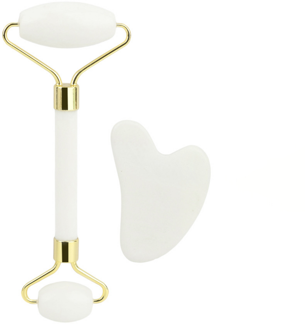 자연석 롤러 갈아주기 2종 세트+비취 옥 괄사 비취옥 페이스 롤러 얼굴 쿼츠 마사지 여성 로즈 하트 마사지기 도구 v라인 포인트, 흰색, 1개