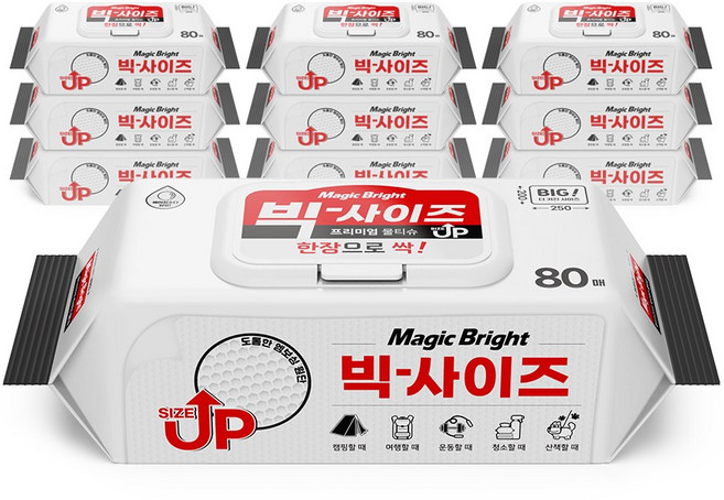 매직브라이트 도톰한 엠보싱 빅사이즈 물티슈 캡형, 60g, 80매입, 10개