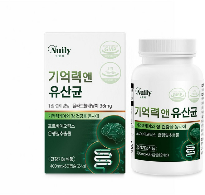 뉴일리 기억력앤유산균 기억력개선 은행잎추출물 36mg 프로바이오틱스 1억 CFU 장건강 띵스팟, 1개