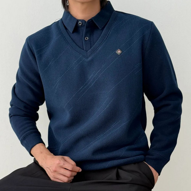 코엑티 겨울 남성 카라 페이크 투피스 기모 벨벳 스웨터