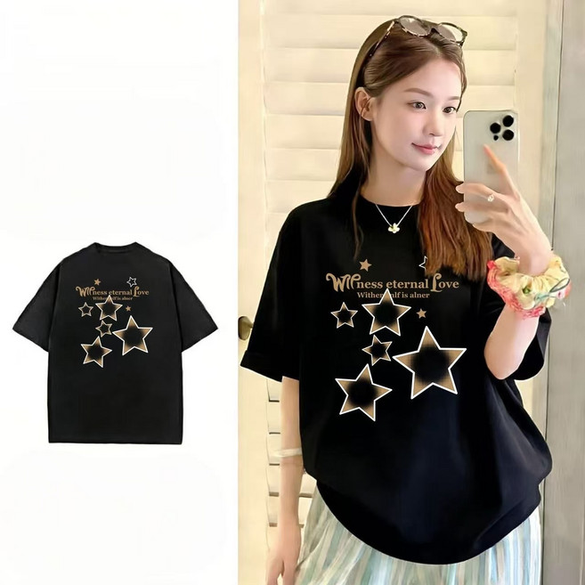 Cansee 韓系純棉印花短袖T恤女 落肩寬鬆圓領上衣