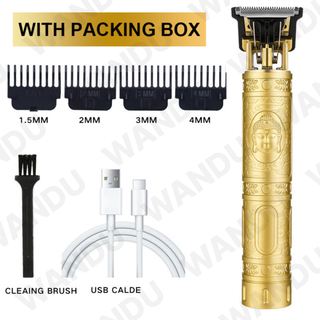 WANDU T9 헤어 클리퍼 수염 면도 바디 헤어 트리머 전기 헤어 커팅 머신 전문 이발사 남성 트리머 면도기, 01 Gold Buddha