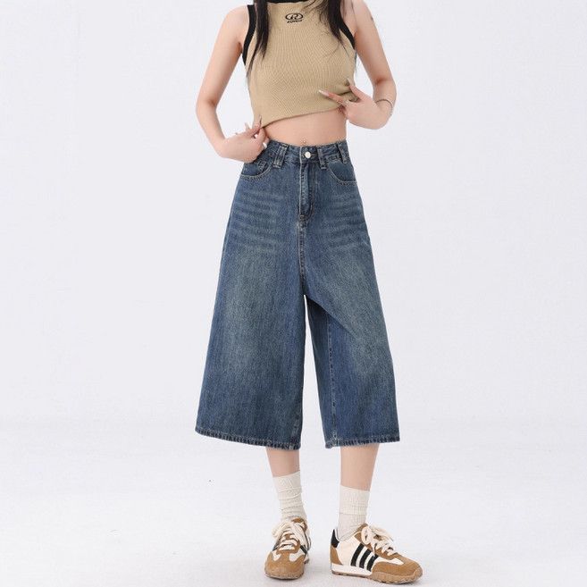 SAHINER 여성 데님 7부 팬츠 와이드 하이웨스트 여름용 캐주얼룩 ANZ103