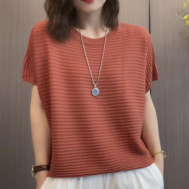 夏季圓領短袖針織衫女寬鬆上衣