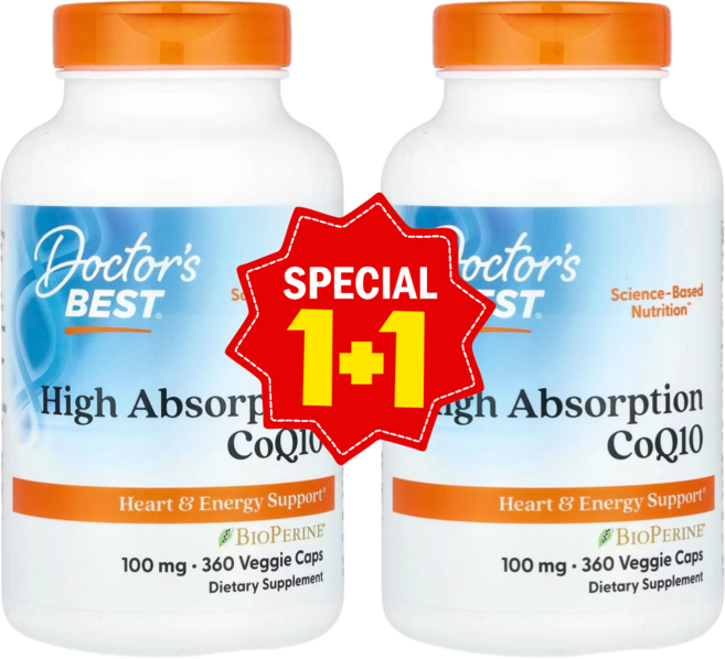 1+1 닥터스베스트 유비퀴논 고흡수 CoQ10 바이오페린 함유 100mg 베지 캡슐 360정 흑후추추출물 / 해외직구 미국정품, 2개