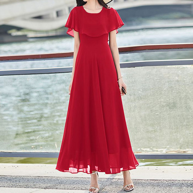 로르카 여성 라운드넥 레이어드 허리라인 롱 쉬폰 원피스 T06031647