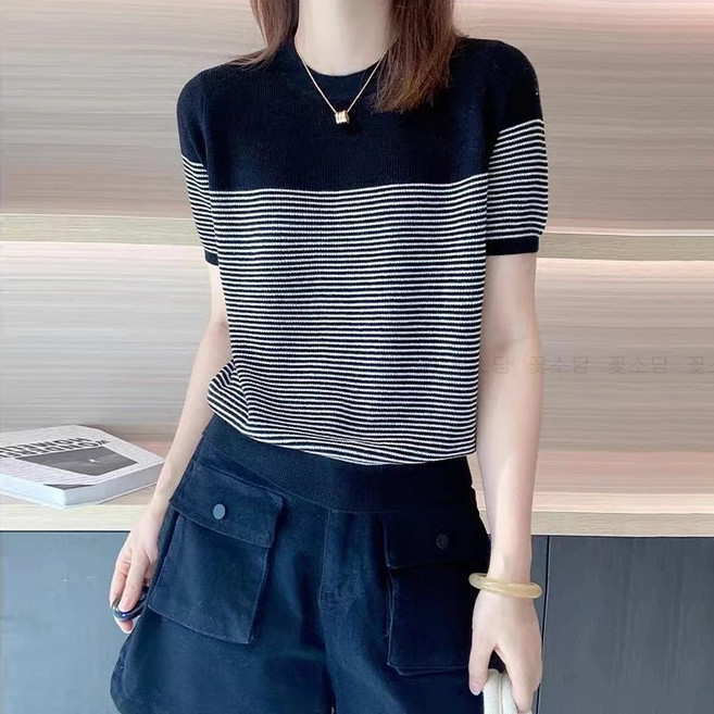 꽃소담 여성 데일리 스트라이프 라운드넥 반팔 니트티 봄 여름 가을 여자 반팔티 MAL26A798