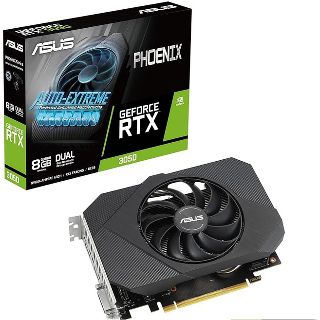 ASUS 듀얼 엔비디아 지포스 RTX 3050 6GB OC 에디션 게이밍 그래픽 카드 PCIe GDDR6 메모리 HDMI 디스플레이포트 4a 2슬롯 디자인 축류 0dB 기술 스틸