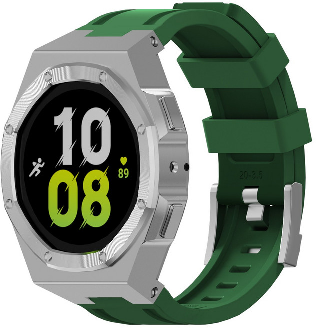 호환 갤럭시워치7 일체형 실리콘 스트랩 개조 밴드시계줄 40mm 44mm, 그린-실버 케이스, 1개