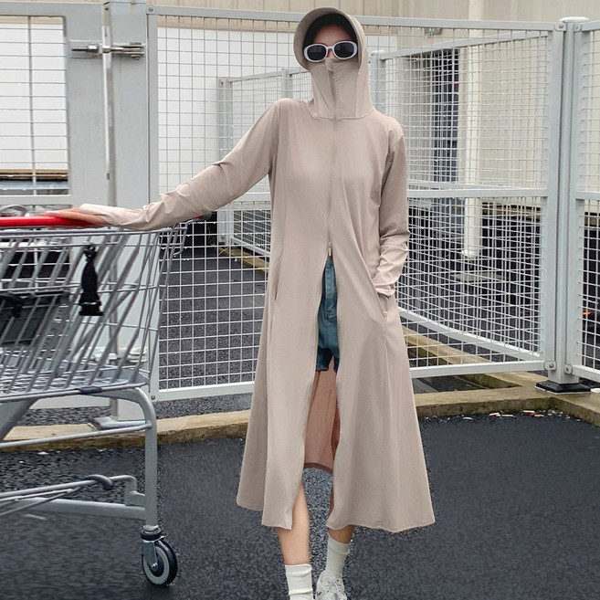 여름 자외선 차단 원피스 UV차단 햇빛 차단 롱 기장 후드 코트 점퍼 얼굴 가리개 일체형 원피스, 카키