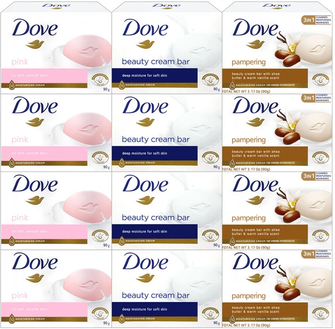 [메리박스] 도브 비누 뷰티바 12개 세트 (화이트x3+핑크x3+시어버터3), 90g, 1세트, 12개입 - 쿠팡