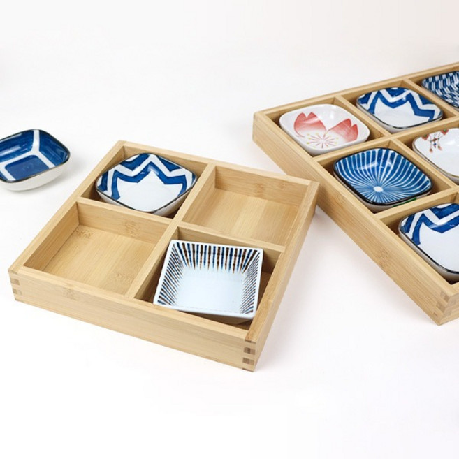 대나무 상자 (3칸 4칸 6칸 9칸) 일식 칸막이 접시 트레이, 4칸 정사각 (230x230mm), 1개