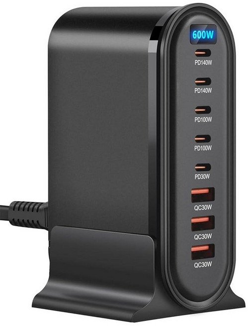 BEVEWLPOL 600와트 미국 USB-C 파워 허브 8 in 1 충전 스테이션 140W PD PPS 포트+듀얼 100W 포트 여러 전자 장치용 맥북/아이폰 16/아이패드, 600W-B
