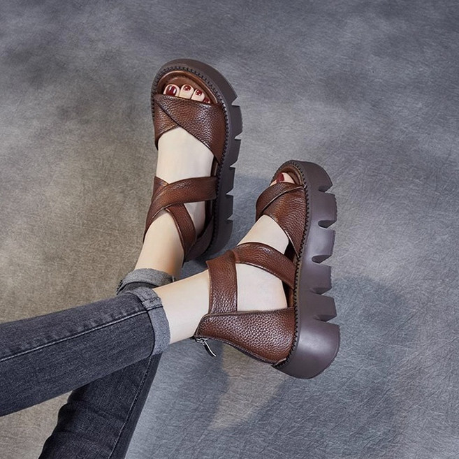 지디오 여성 스트랩 샌들 키높이 5CM 가죽 통굽 웨지힐 오픈토 글래디에이터 지퍼