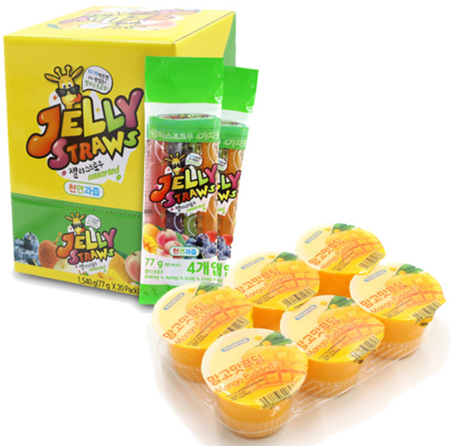 이호 편의점 간식 배달 키즈웰 젤리스트로우 1540g (77g ) 똠얌 망고푸딩 110g 어린이 여름 간식, 1개