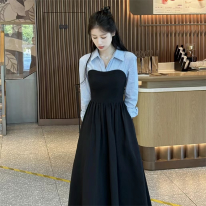 POMTOR 여성 봄 캐주얼 레이어드원피스 셔츠 원피스